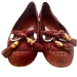GUCCI Brown Suede Loafers Size 8.5 - Tassel Fringe Flats Women's Women's